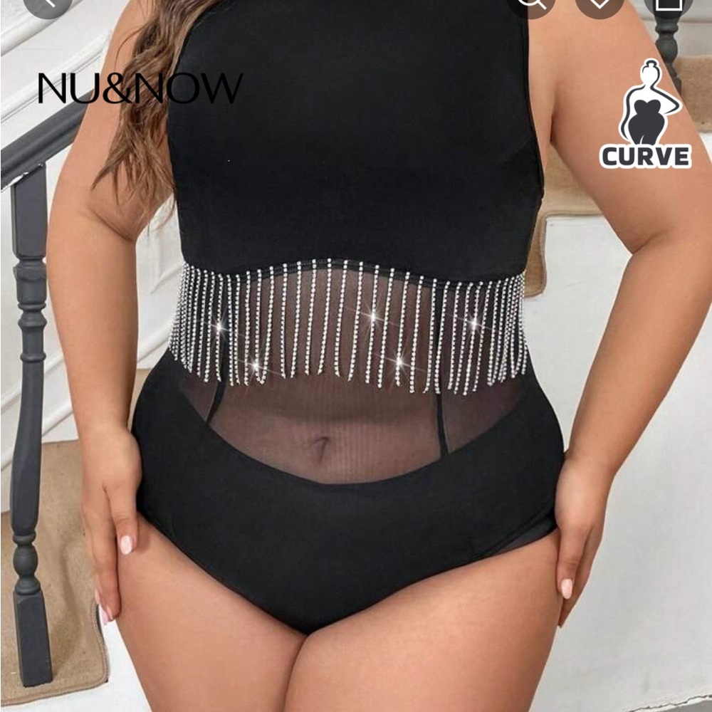 SHEIN Black Bodysuit with Rhinestone Fringe